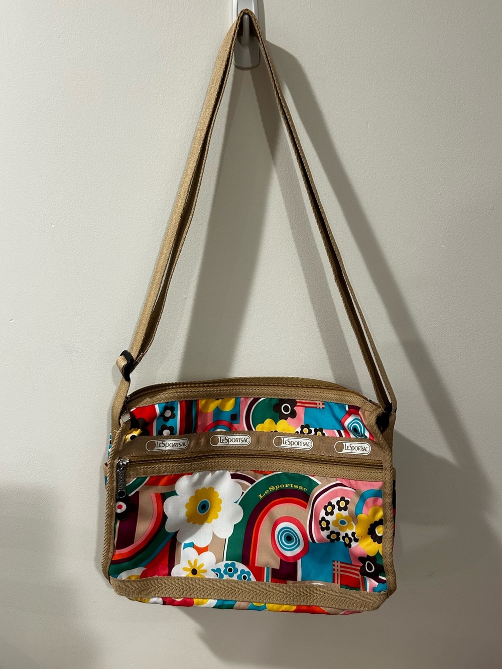 Lesportsac Multicolor Floral & Geometric Print Crossbody with Tan Trim